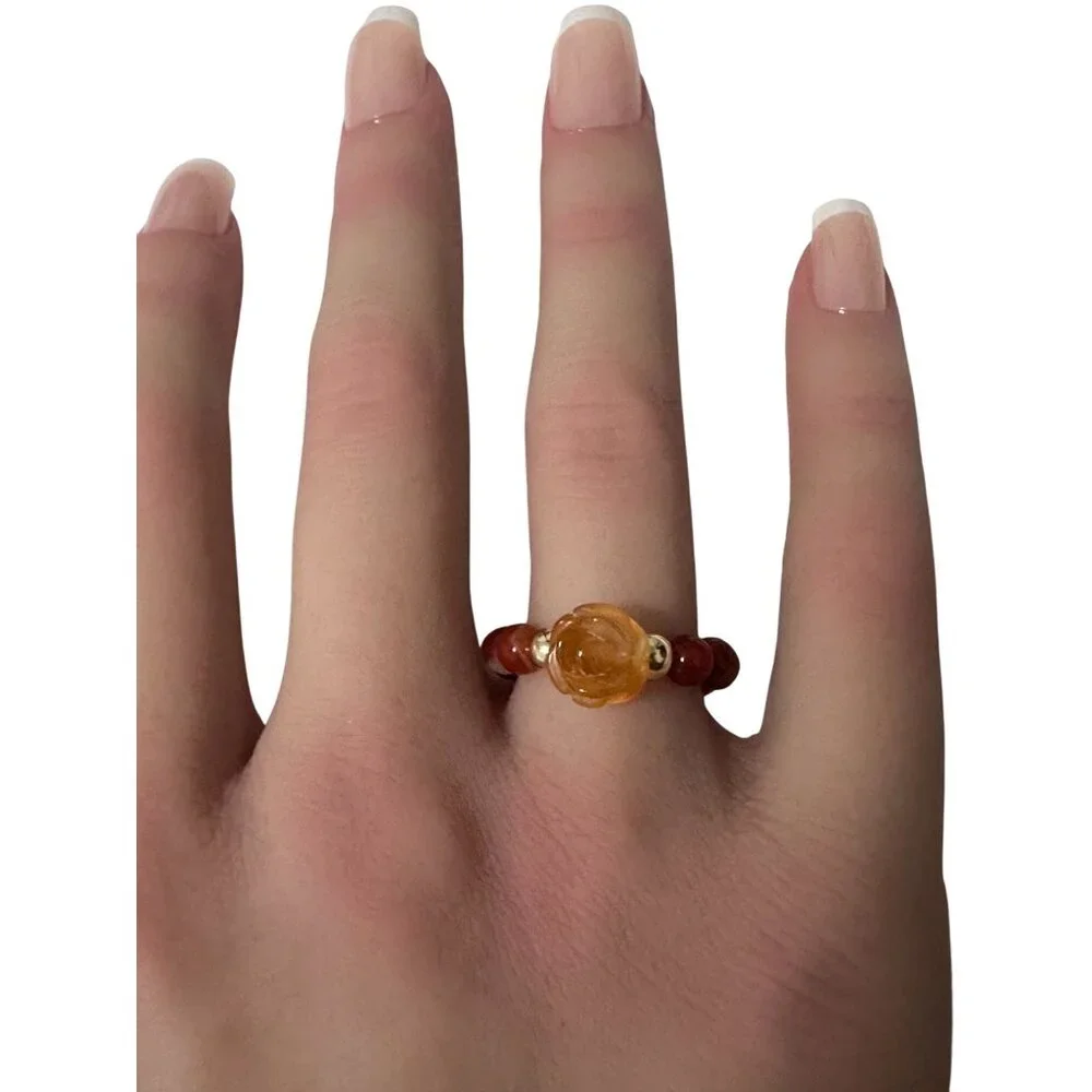 Red Agate Flower Gemstone Beads Stretch Ring with 14K Gold Bead - Picture 7 of 7